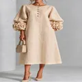French style beige cotton linen midi dress with elegant 3D floral lantern sleeves - XS / Dresses / Apricot