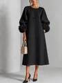 Robe midi noire de style français avec manches lanternes et fleurs 3D en relief - Noir