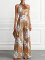 Elegant bronze floral print halter neck high-waist wide-leg jumpsuit for women - S / Dark Brown
