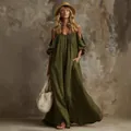 Elegant olive green off-the-shoulder cotton linen maxi dress with pockets for women - S / Dresses / Army Green