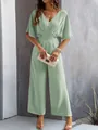 Stylish light green wide-leg jumpsuit featuring a V-neck and short flutter sleeves. - Bean Green