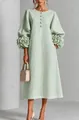 Élégante robe mi-longue vert clair de style français avec manches bouffantes à fleurs 3D - Vert clair
