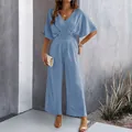 Women's elegant light blue V-neck short sleeve wide leg jumpsuit for spring summer - L / Blue