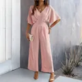 Elegant light pink short sleeve wide leg jumpsuit for women, casual summer outfit - S / Pink