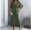 Elegant dark green V-neck short sleeve wide leg jumpsuit with textured fabric for women. - Army Green