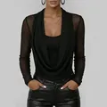 Elegante zwarte damestop met colbertkraag en lange mesh mouwen, slim fit en minimalistisch - S / Tops / Zwart