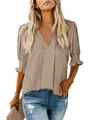 Elegant khaki V-neck blouse detail featuring smocked cuffs and lightweight loose summer fit - S / Tops / Khaki