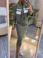 Casual olive green two-piece set featuring a striped zipper jacket and matching midi skirt. - XS / Top And Bottom / Green