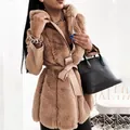 Stylish women's faux fur hooded jacket with a waist belt and zipper detail in tan. - S / Tops / Khaki