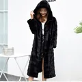 Elegant black hooded faux fur coat with long mink-like texture for women, stylish winter wear. - S / Tops / Black
