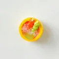 Detailed top view of miniature resin dessert bowl with colorful fruit skewers and sago. - Mango Pomelo Sago Style / Yellow
