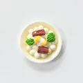 Close-up view of 3D miniature food refrigerator magnet shaped like a realistic Chinese dish - Meatball Soup Style
