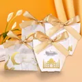 Elegant gold foil gift boxes with ribbons and mosque patterns for wedding favors - Gold Hot Stamping Castle Style / White Box + Gold Ribbon