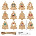 Christmas tree shaped kraft paper tags featuring Santa Claus and reindeer holiday designs - S582 Style / 48 Tags + 50 Jute Ropes