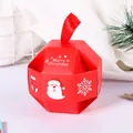 Caja de dulces navideños roja dodecaedro con diseño de Papá Noel y asa de cinta de seda - Rojo (S510) / 8x8x8cm