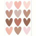 A detailed view showing multicolored heart-shaped wall stickers in soft earthy tones - 12-Piece Set / Warm Tone Hearts