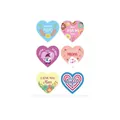 Detailed view of six heart-shaped Mother's Day stickers with floral and donut designs. - Warm Cartoon Heart Style (A546)