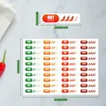 Macro view of spice level stickers showing dimensions and mild to extra hot variants. - A772 Chili (Spiciness Label) / 20*15cm