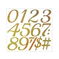 Macro detail of gold glitter number and symbol stickers for DIY gift card decorating. - Numbers 0-9 & Symbols (A204-D) / Single Large Sheet (26x24.5cm) / Gold Glitter