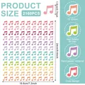 Infographic showing size and features of 2160pcs music note stickers for DIY journal - Musical Note Stickers / 2160 Counts / Style A538