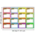 Detail view of 16 comic style name stickers with clear dimensions for easy labeling. - Comic Style Name Stickers (A153) / 16 Stickers/Sheet / Colorful