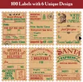 Vista detallada de seis etiquetas de regalo de Navidad únicas en papel kraft vintage. - Matasellos Retro de Navidad (A348)