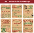 Set de 6 etiquetas de regalo de Navidad en papel kraft con diseños de Papá Noel - Matasellos Retro de Navidad (A348)