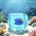 Close-up of a cute blue cartoon fish toy inside a glowing squishy cube underwater - Luminous Narwhal