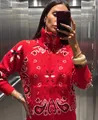 Red bandana paisley vintage knit zip-up cardigan sweater for stylish women - M / Tops / True Red