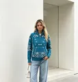 Teal blue knit cardigan with white paisley bandana print for a vintage casual look. - M / Tops / Teal
