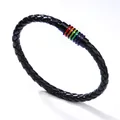 Bracciale in pelle nera intrecciata con chiusura metallica in smalto arcobaleno vivace - Nero con chiusura nera