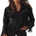 Detailed view of women's black vintage fringe faux suede jacket with metal buttons - S / Tops / Black