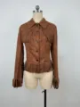 Vintage brown faux suede fringe jacket for women with stylish button closure and collar - S / Tops / Dark Brown