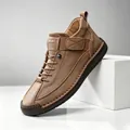 Men's hand-stitched brown leather casual Martin boots with velcro strap and rubber sole - 9888 Khaki / 38