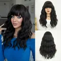 Peluca negra larga y ondulada con flequillo, 20 pulgadas, cabello sintético natural - Negro Natural / 53cm
