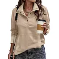Lässiges beige Damen-Sweatshirt mit Stehkragen, Knöpfen und einer großen Fronttasche - Khaki