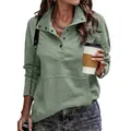 Lässiges salbeigrünes Langarm-Sweatshirt mit Knopfkragen und Vordertasche für Damen - Grün