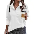 Lässiges weißes Damen-Langarm-Sweatshirt mit geknöpftem Stehkragen für Herbst - Weiß