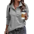 Lässiges graues Langarm-Sweatshirt für Damen mit Stehkragen, Knöpfen und lockerer Passform. - Grau