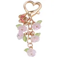 Elegante portachiavi a cuore dorato con fiori rosa a doppio strato e un ciondolo farfalla - Fiore Doppio Rosa (Doppio Petalo)