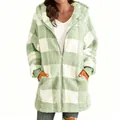 Oversized light green checkered hooded sherpa jacket with front zipper and pockets. - 3XL / Tops / Grass Green