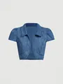 Torera de mezclilla azul para mujer con mangas abullonadas cortas y cuello de solapa - XS / Tops / Azul Medio