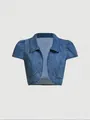 Detalle de una chaqueta vaquera corta de mujer en color azul con mangas abullonadas - XS / Tops / Azul marino