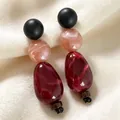 Vintage color-block drop earrings featuring marble pattern in red, pink and matte black - 2609019 Gradient Black and Red Earrings