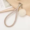 Stilvoller Denim-Handgelenkriemen für Handys mit beigem Pompon und Metallschnalle - Denim-Lederanhänger (K3948) / Khaki