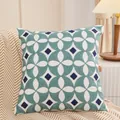 Decorative teal and blue geometric floral embroidered cotton throw pillow cover - CX Shangri-La Dark Green