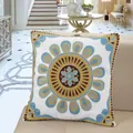 Decorative blue and gold floral embroidered cotton cushion pillow for home sofa decor - Sun Flower Sky Blue