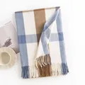 Bufanda de cuadros azul y marrón con flecos, chal suave tipo cachemir para otoño invierno - Bufanda de Cuadros (FH23-5232-3) / Azul Humo / 180*70cm