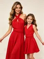 Vibrant red mother and daughter matching multi-way wrap dresses for special occasions - Red