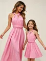 Elegant matching mother and daughter pink multi-way halter dresses for formal parties - Deep Pink
